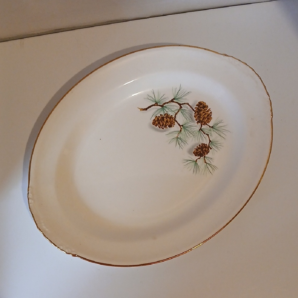 Homer Laughlin Nautilus Pinecone Oval Platter with Gold Trim